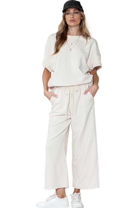 Bright White Textured Loose Fit T Shirt and Drawstring Pants Set