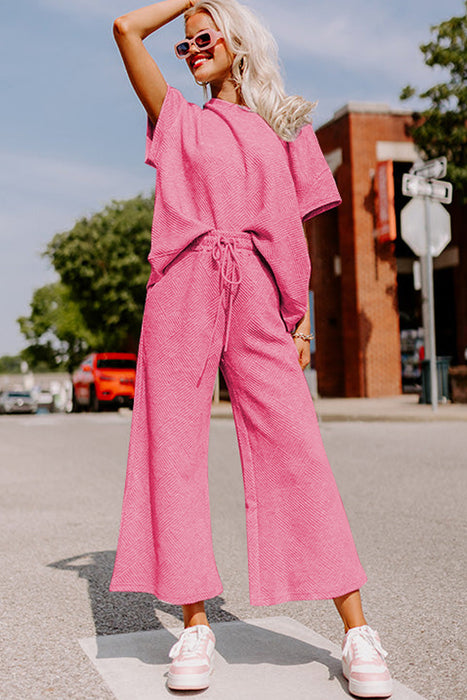 Bright White Textured Loose Fit T Shirt and Drawstring Pants Set