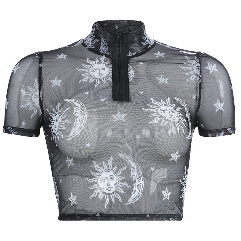 Europe and the United States Explosions Amazon WISH Explosion Women's Stars Moon Nets Zipper Navel Short Sleeve Tops Women