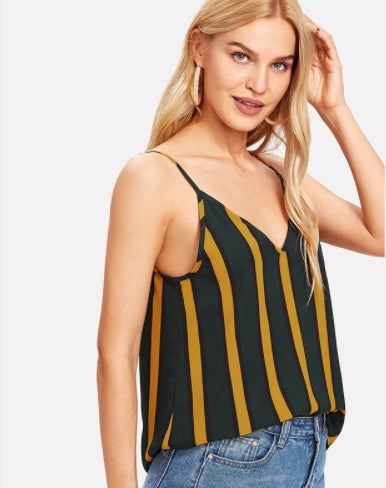 SHEIN Double V Neck Striped Cami Top Spaghetti Strap Casual Women Sexy Striped Top Summer Multicolor Backless Camisole Tops