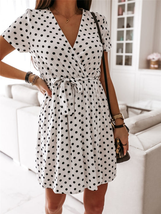 Printed Polka Dot Short Sleeve Short Dress