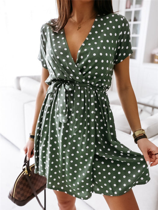 Printed Polka Dot Short Sleeve Short Dress