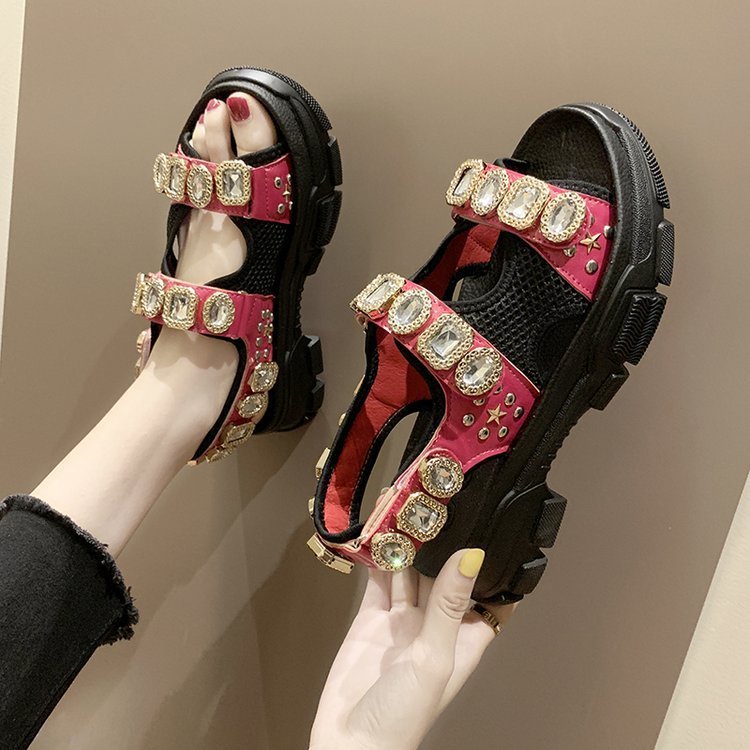 Rhinestone Platform Sandals Mesh Wedges Women