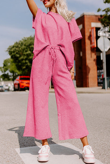 Bright White Textured Loose Fit T Shirt and Drawstring Pants Set