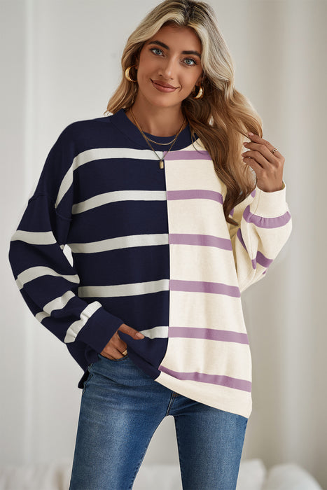 Khaki Stripe Exposed Seam Patchwork Loose Sweatshirts