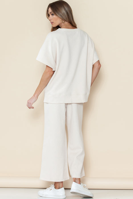 Bright White Textured Loose Fit T Shirt and Drawstring Pants Set