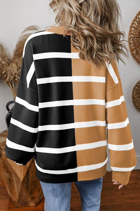 Khaki Stripe Exposed Seam Patchwork Loose Sweatshirts