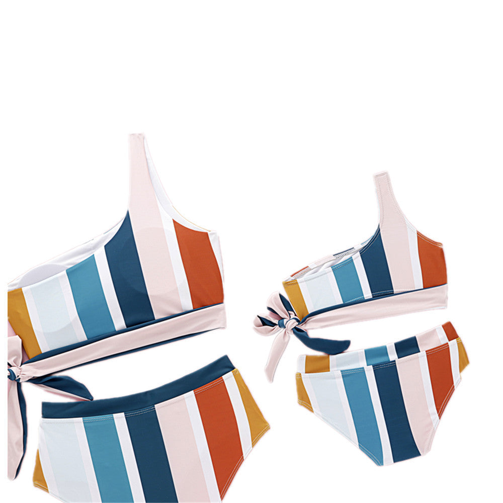 One-shoulder striped parent-child bikini