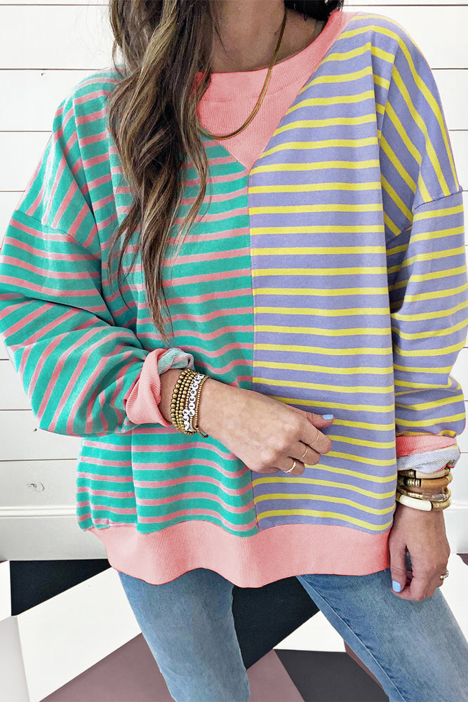 Sky Blue Stripe Colorblock Drop Shoulder Oversize Sweatshirt