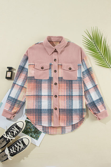 Light Pink Plaid Corduroy Patchwork Pocket Loose Shacket