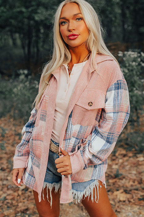 Light Pink Plaid Corduroy Patchwork Pocket Loose Shacket