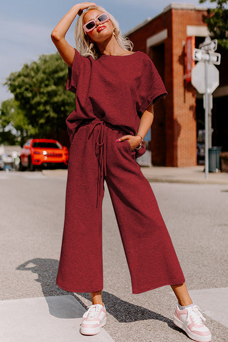 Bright White Textured Loose Fit T Shirt and Drawstring Pants Set