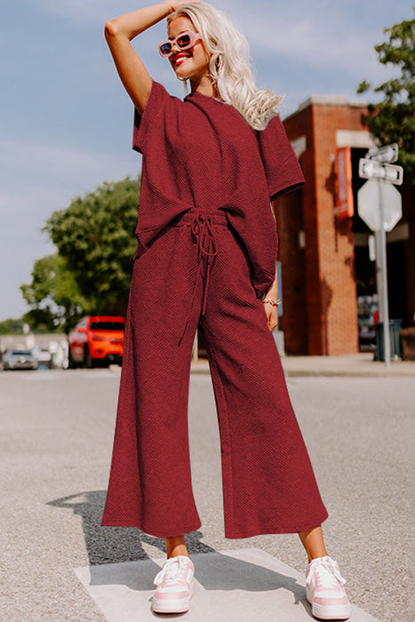 Bright White Textured Loose Fit T Shirt and Drawstring Pants Set