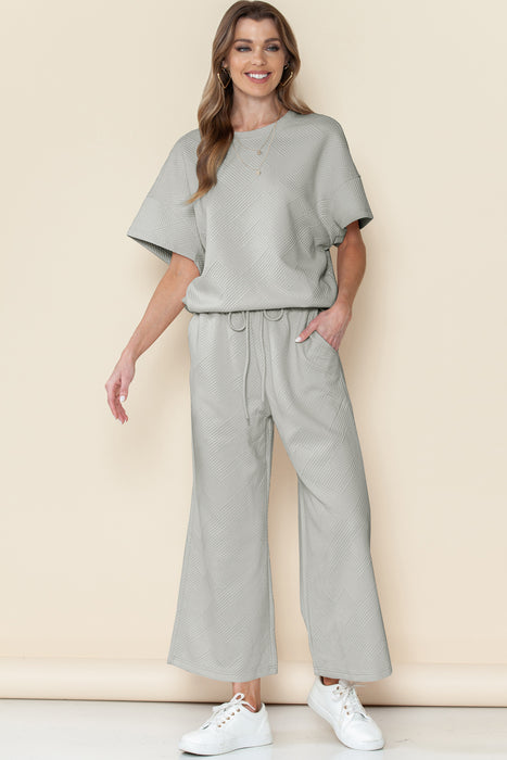 Bright White Textured Loose Fit T Shirt and Drawstring Pants Set