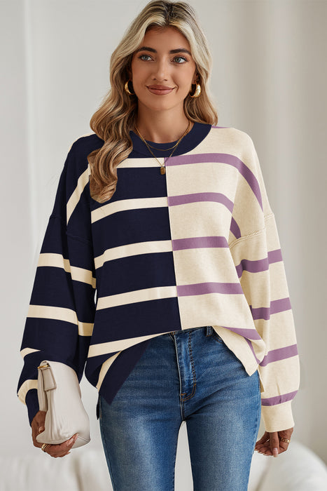 Khaki Stripe Exposed Seam Patchwork Loose Sweatshirts