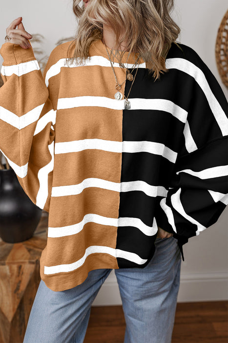 Khaki Stripe Exposed Seam Patchwork Loose Sweatshirts