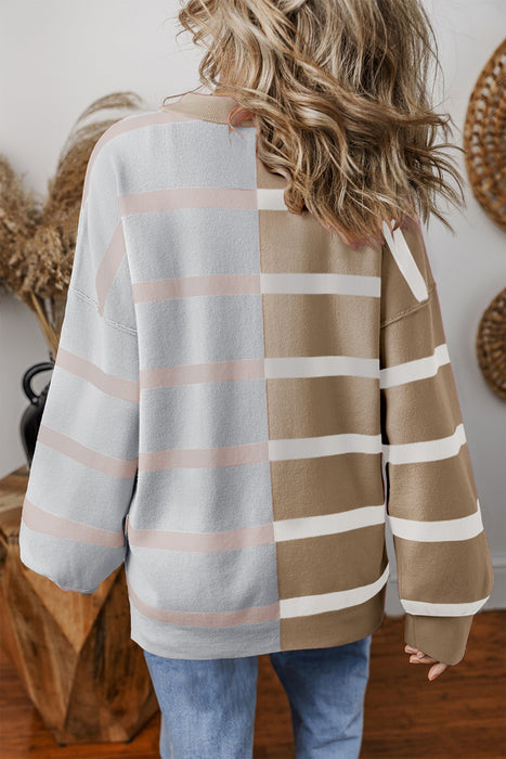 Khaki Stripe Exposed Seam Patchwork Loose Sweatshirts