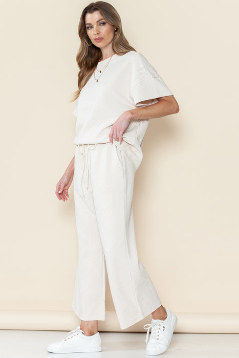 Bright White Textured Loose Fit T Shirt and Drawstring Pants Set