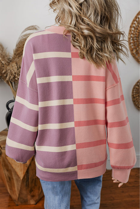 Khaki Stripe Exposed Seam Patchwork Loose Sweatshirts