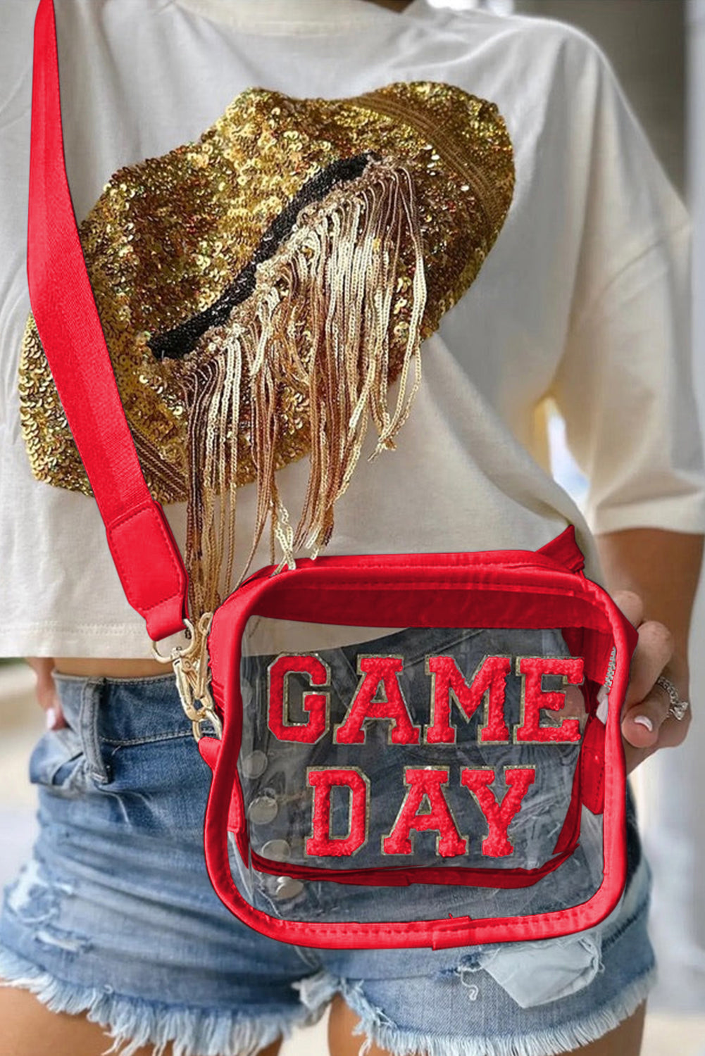 Black Chenille GAME DAY Pattern Clear Shoulder Bag