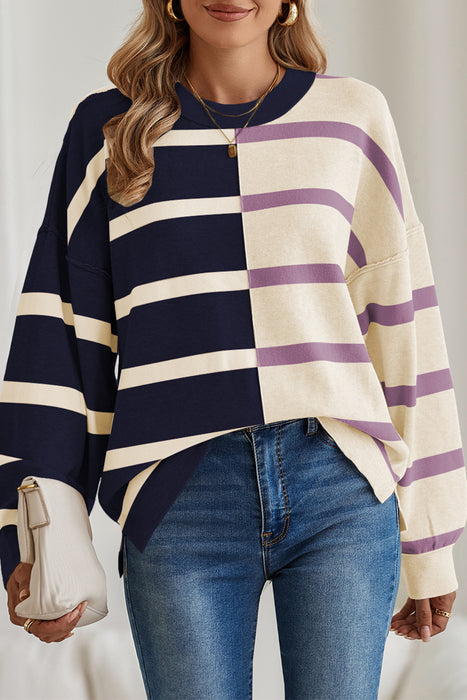 Khaki Stripe Exposed Seam Patchwork Loose Sweatshirts