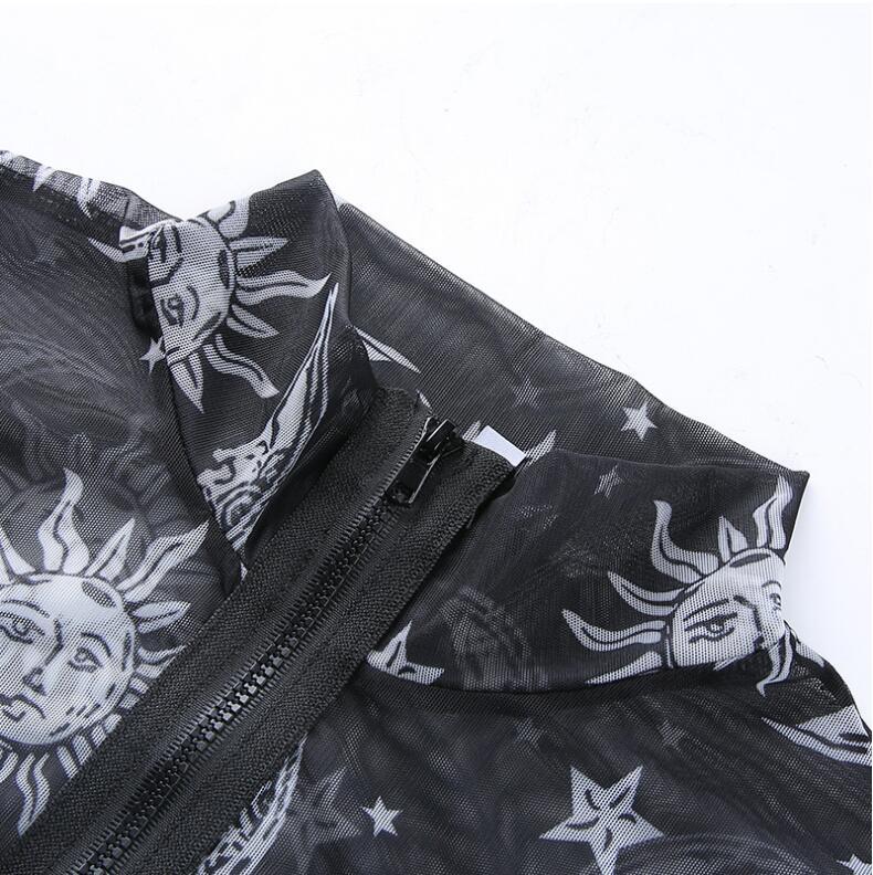 Europe and the United States Explosions Amazon WISH Explosion Women's Stars Moon Nets Zipper Navel Short Sleeve Tops Women