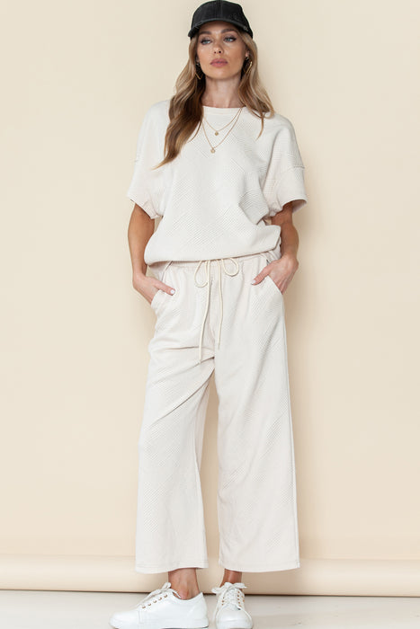 Bright White Textured Loose Fit T Shirt and Drawstring Pants Set