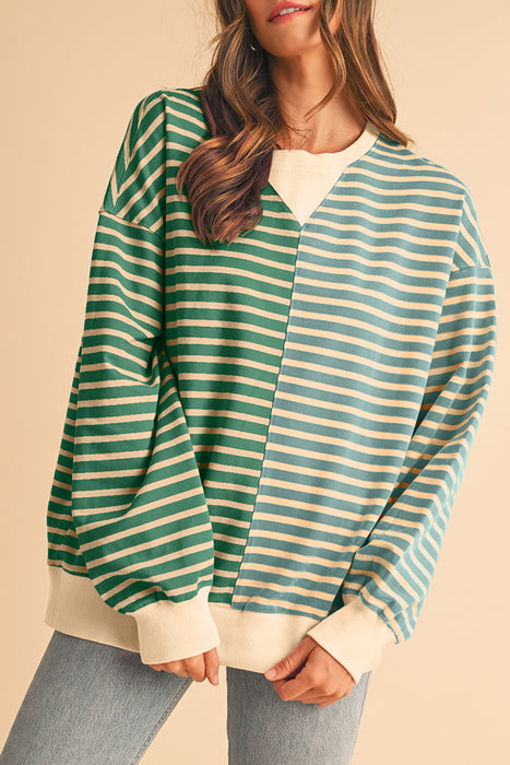 Sky Blue Stripe Colorblock Drop Shoulder Oversize Sweatshirt