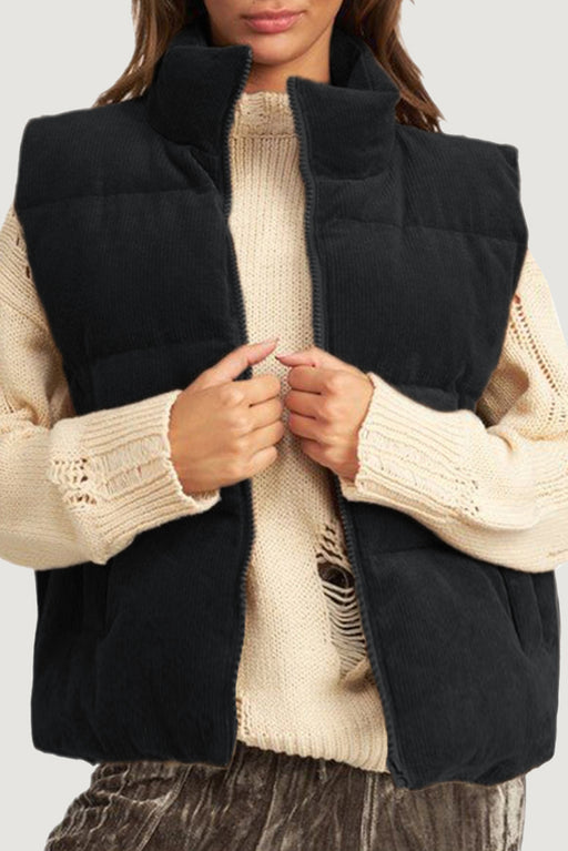 Black Solid Color Corduroy Puffer Vest Coat