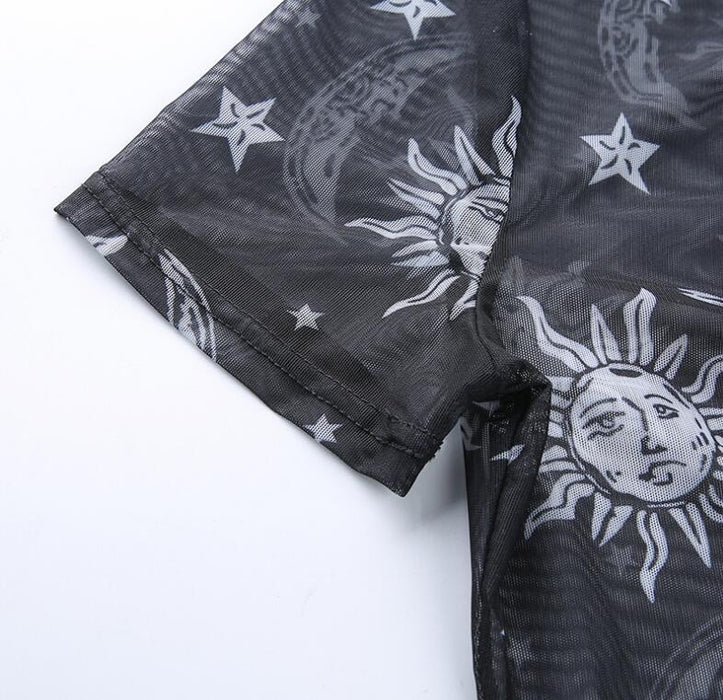Europe and the United States Explosions Amazon WISH Explosion Women's Stars Moon Nets Zipper Navel Short Sleeve Tops Women