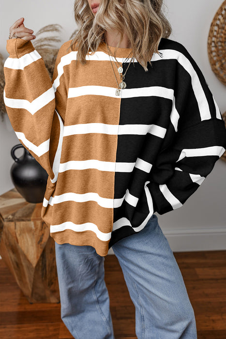 Khaki Stripe Exposed Seam Patchwork Loose Sweatshirts