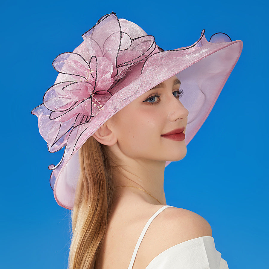 European And American Sun Protection Hat Women's Organza Solid Color Large Flower Sun Hat British Lady Elegant Graceful