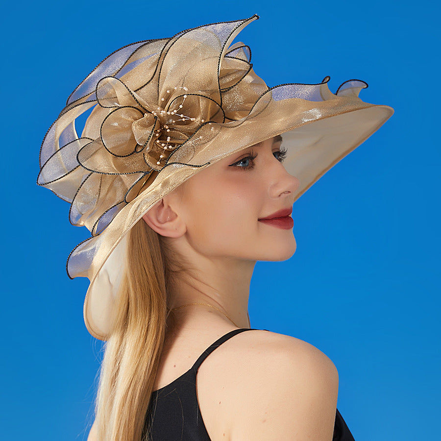 European And American Sun Protection Hat Women's Organza Solid Color Large Flower Sun Hat British Lady Elegant Graceful