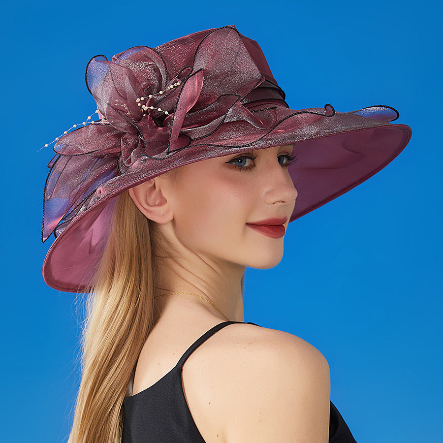 European And American Sun Protection Hat Women's Organza Solid Color Large Flower Sun Hat British Lady Elegant Graceful