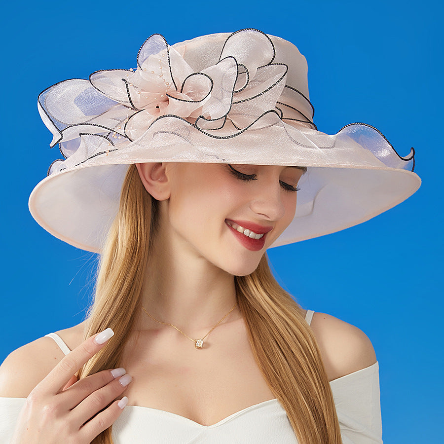 European And American Sun Protection Hat Women's Organza Solid Color Large Flower Sun Hat British Lady Elegant Graceful