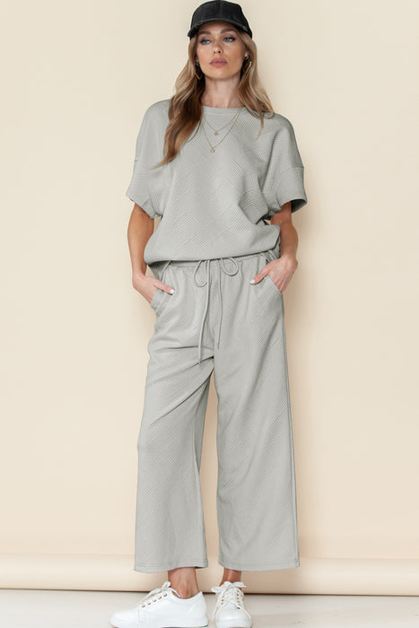 Bright White Textured Loose Fit T Shirt and Drawstring Pants Set