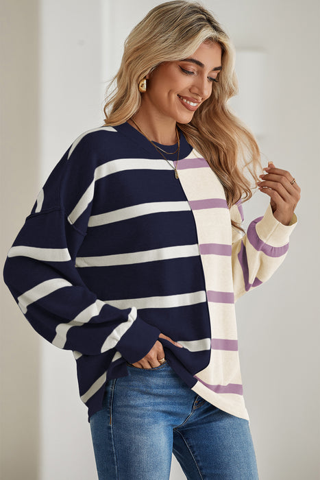 Khaki Stripe Exposed Seam Patchwork Loose Sweatshirts