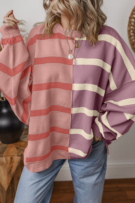 Khaki Stripe Exposed Seam Patchwork Loose Sweatshirts