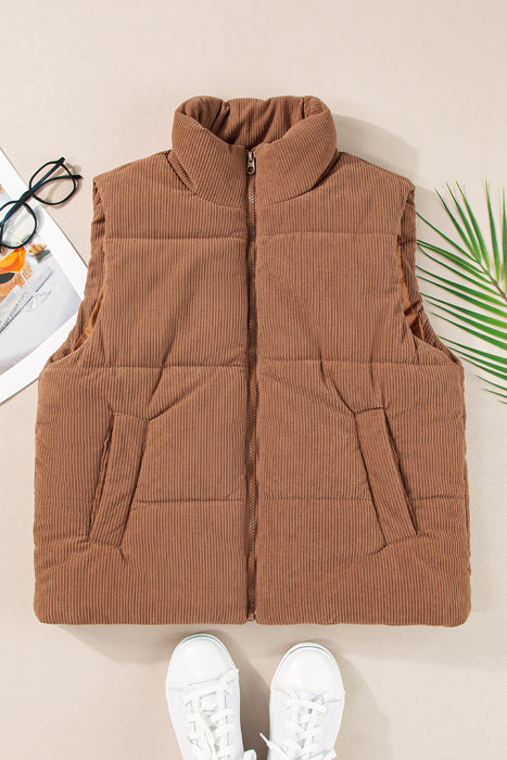 Black Solid Color Corduroy Puffer Vest Coat