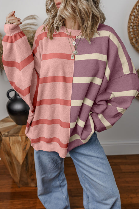 Khaki Stripe Exposed Seam Patchwork Loose Sweatshirts