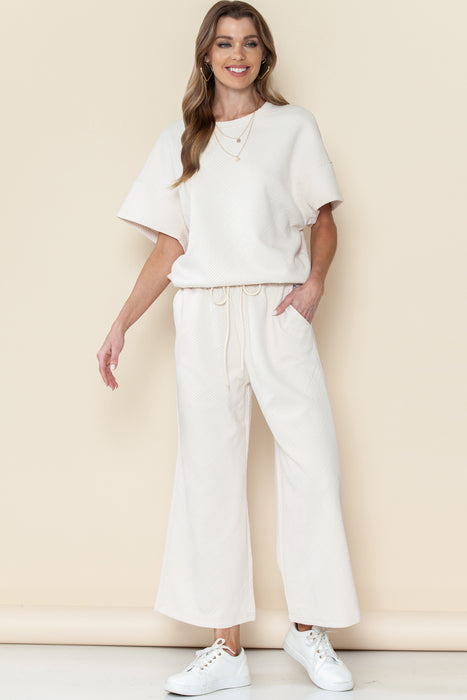 Bright White Textured Loose Fit T Shirt and Drawstring Pants Set