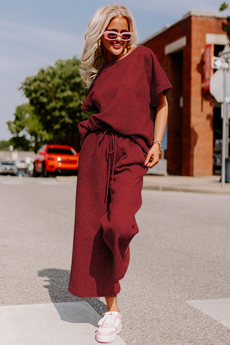 Bright White Textured Loose Fit T Shirt and Drawstring Pants Set