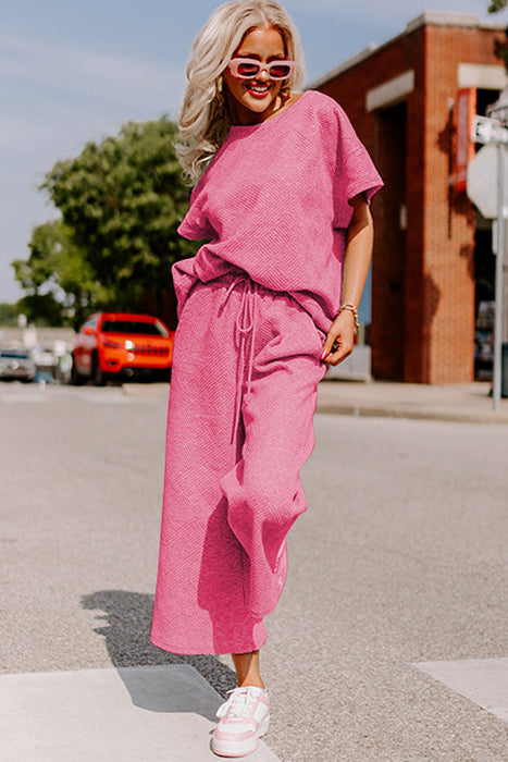 Bright White Textured Loose Fit T Shirt and Drawstring Pants Set