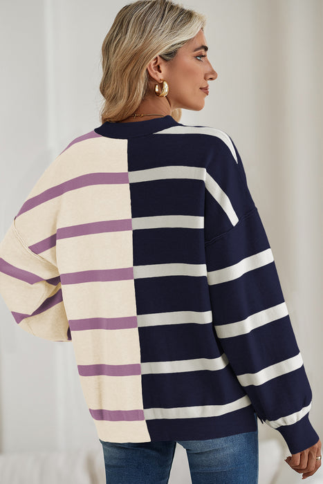 Khaki Stripe Exposed Seam Patchwork Loose Sweatshirts