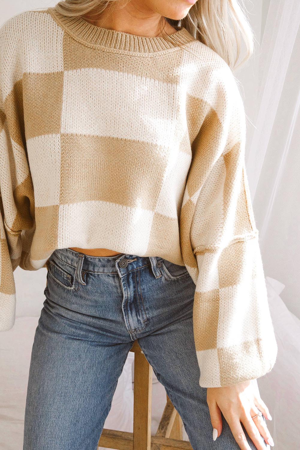 Orange & White Plaid Exposed Seam Bishop Sleeve Sweater
