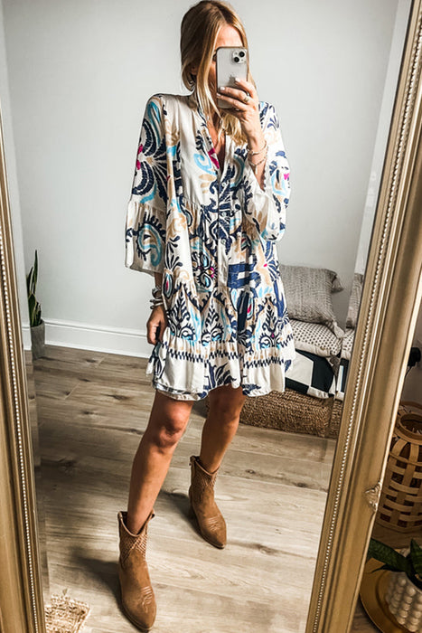 White Ethnic Print Boho Button Tiered Mini Dress