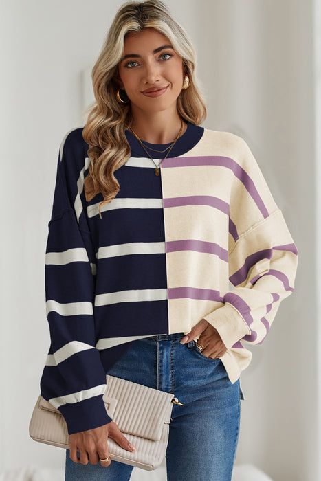 Khaki Stripe Exposed Seam Patchwork Loose Sweatshirts