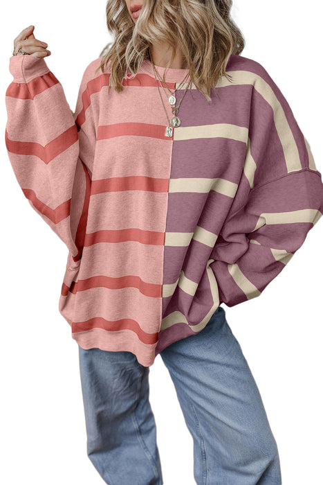 Khaki Stripe Exposed Seam Patchwork Loose Sweatshirts