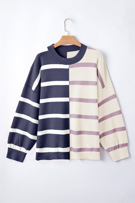 Khaki Stripe Exposed Seam Patchwork Loose Sweatshirts