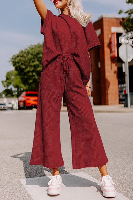 Bright White Textured Loose Fit T Shirt and Drawstring Pants Set